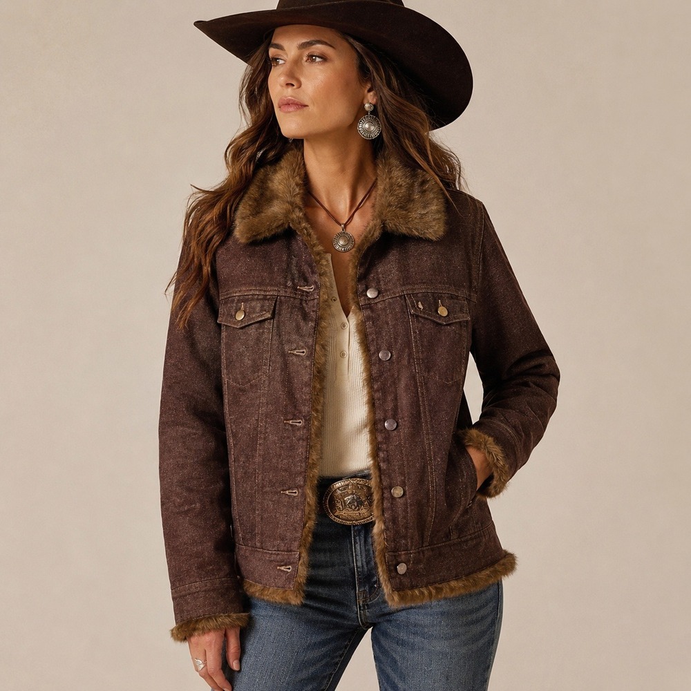 Denim & Co Womens L Brown Denim Faux Fur Lined Jacket Y2K Western Ranch